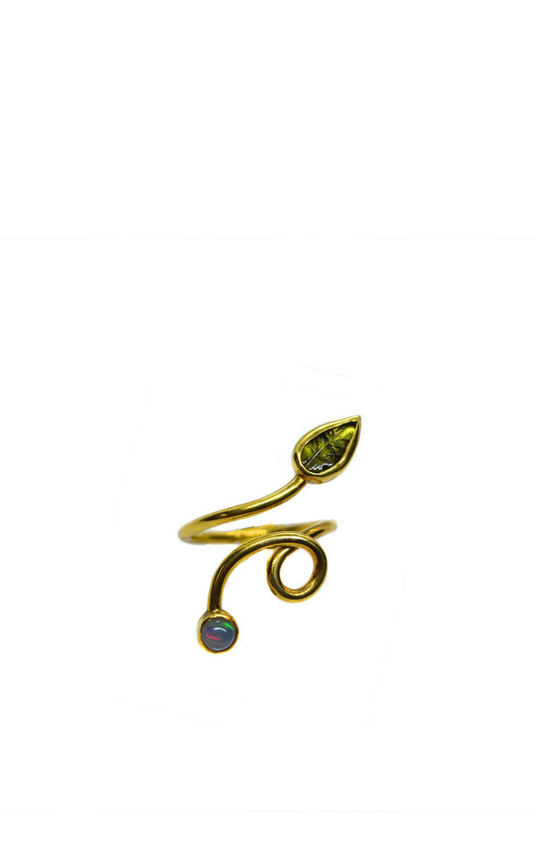Details on Gold Tourmaline Leave Shaped & Opal Ring
